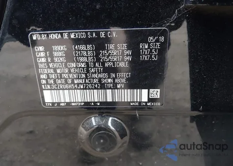 2018 Honda Hr-V Ex z USA, uszkodzony, nr VIN 3CZRU6H54JM726242